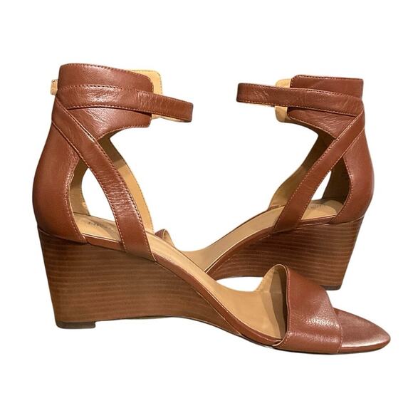 Nine West Floyd Brown Leather Stacked Wedge Sandal Ankle Strap - Picture 3 of 6